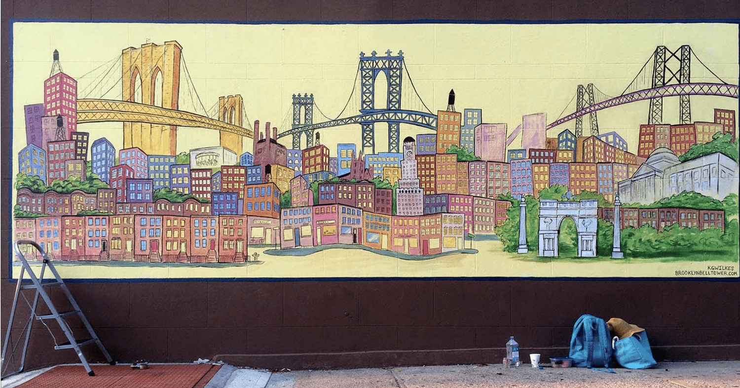Brooklyn cityscape mural featuring iconic bridges and colorful brownstones